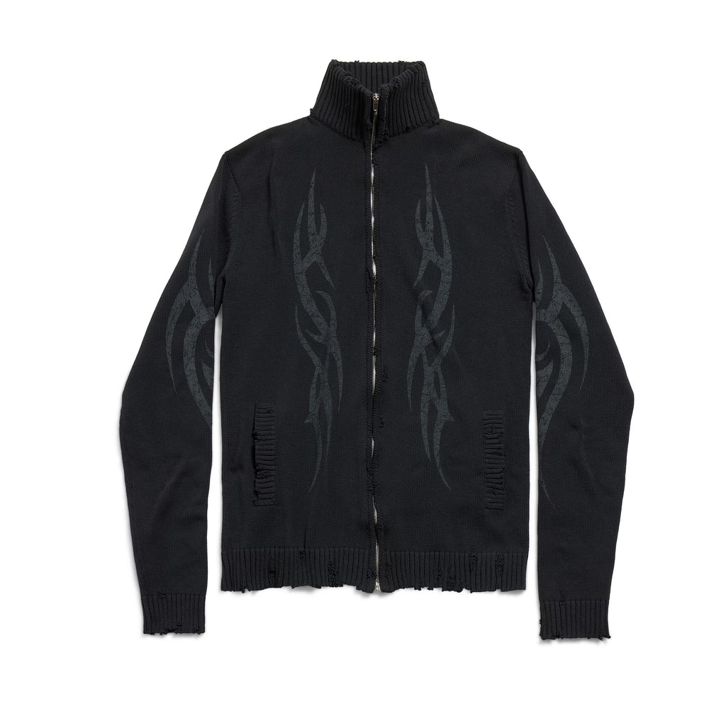 Men's Spring And Autumn Y2K Old High Neck Zipper Pattern Printed Black Long Sleeve Loose Knit Cardigan Jacket Ngvp #9479