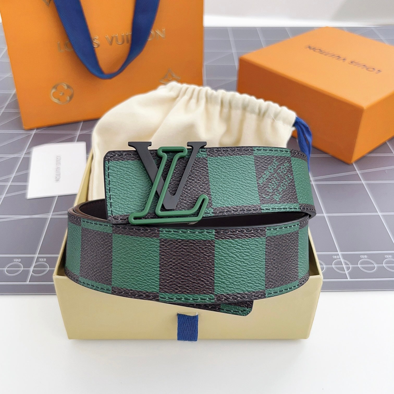 Men's Color Checkered Letter Logo Brown Leather Belt Width 4cm Accessory #72696