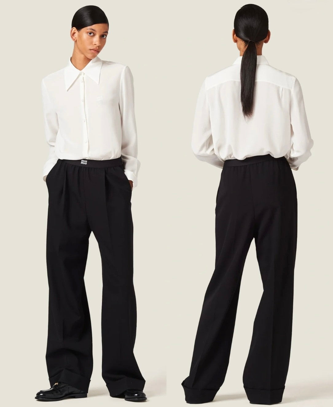 Women's Spring and Autumn Solid Color Elastic Mid Waist Wide Leg Casual Pants #74784