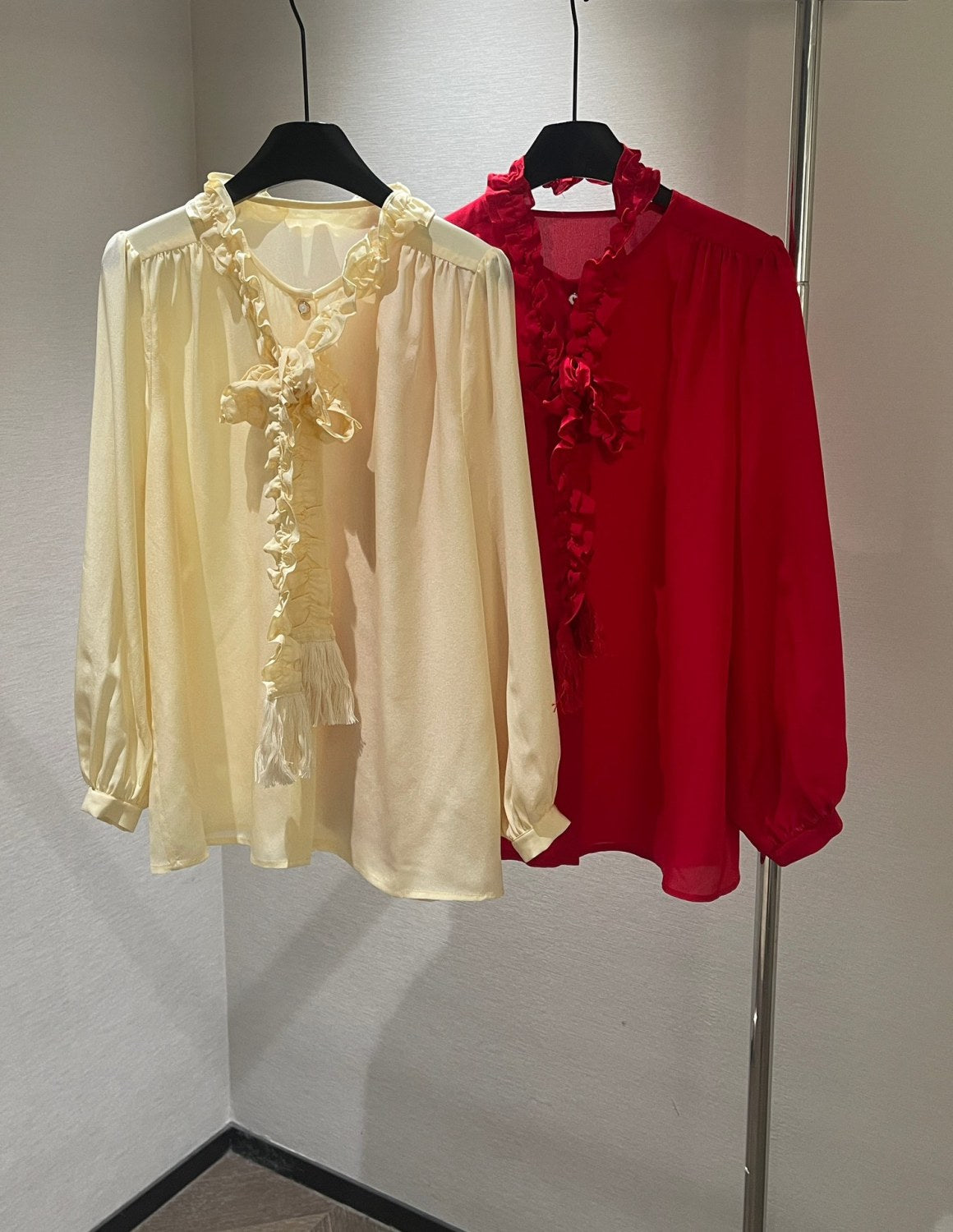 Women's Summer Solid Color Long Sleeved Bow Flutter Silk Single Breasted Shirt #74765