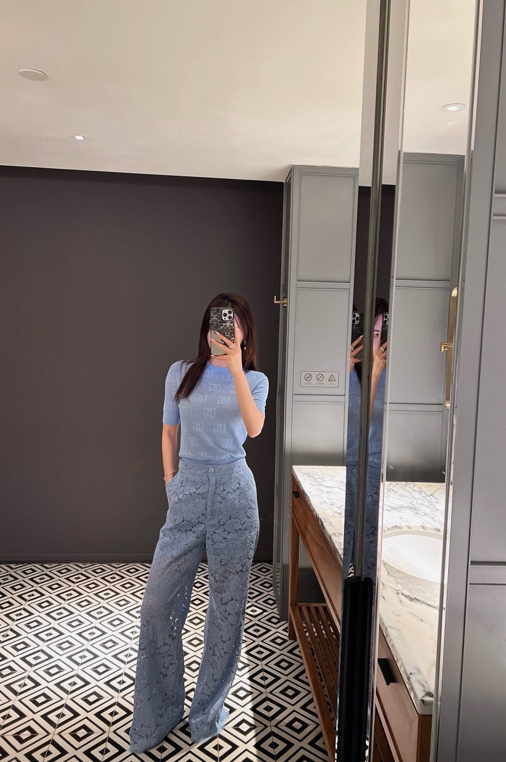 Women's Summer Blue Lace Hollow Out Breathable Pants #73564