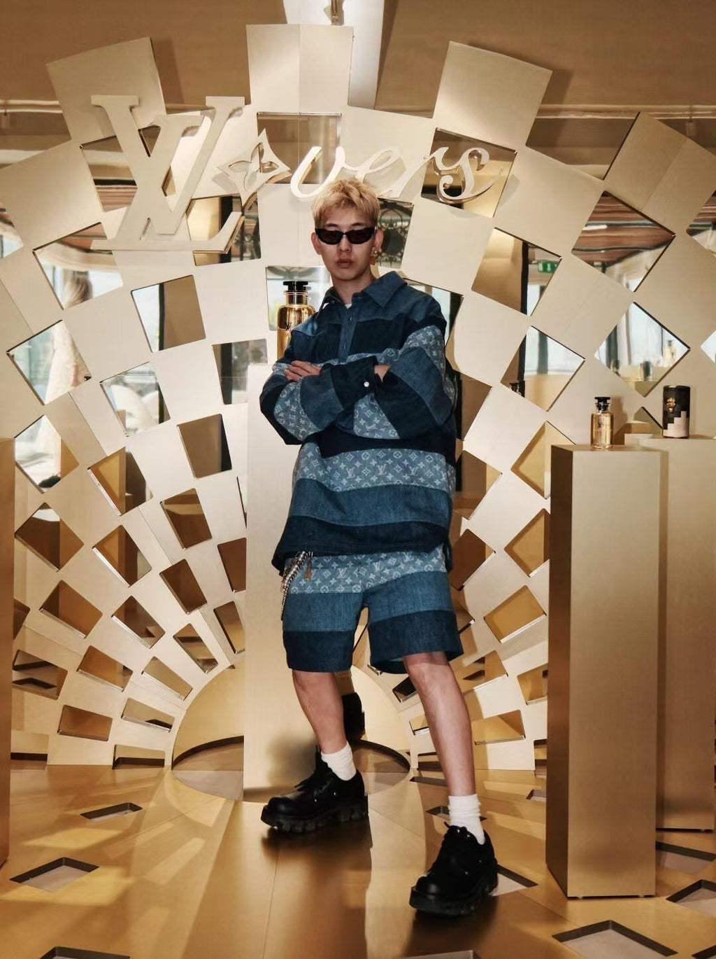 Men's Spring And Summer Fashion Retro Print Casual Pants Striped Stitching Denim Shorts #72324