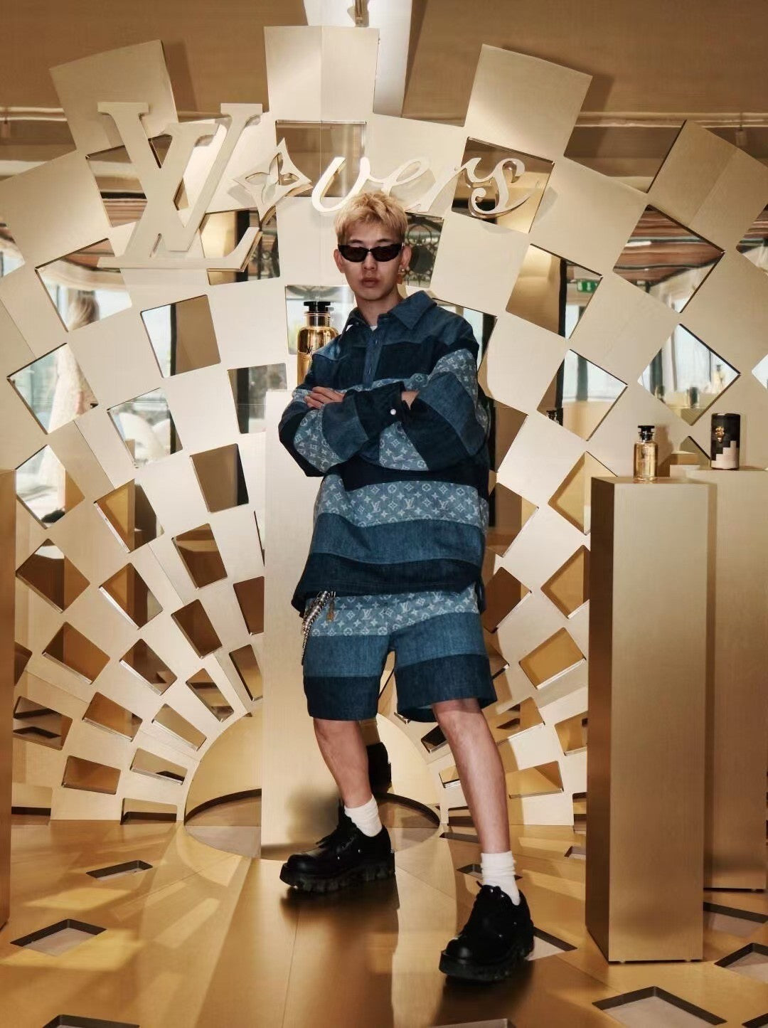 Men's Spring And Summer Fashion Retro Print Casual Pants Striped Stitching Denim Shorts #72324