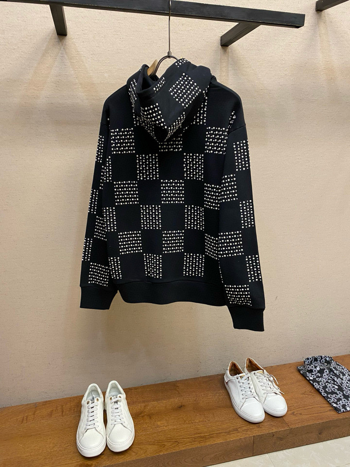 Men's Autumn/Winter Full Width Pearl Checkerboard Fleece Hooded Sweatshirt Pullover #97833