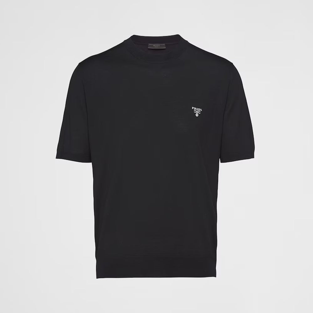 Men's Spring/Summer Solid Color Logo Embroidery Superfine Wool Crew Neck Short Sleeve Sweater #98319