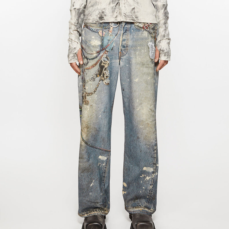 Men's And Women's 3DPrinted Pattern Loose Low Waisted Casual Wide Leg Solid Color Denim Pants Ngvp #8513