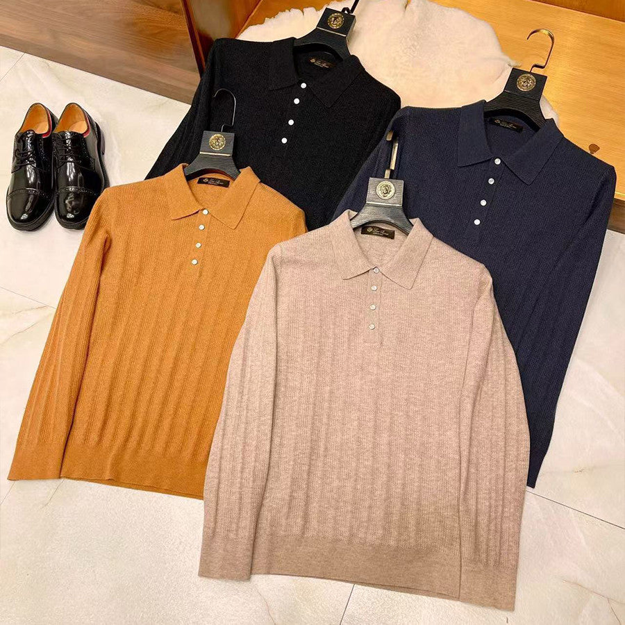 LP Men's Spring & Autumn Casual Jacquard Lapel Solid Color Sweater Wool Blend Long Sleeve Knit Polo Shirt Ngvp #9538