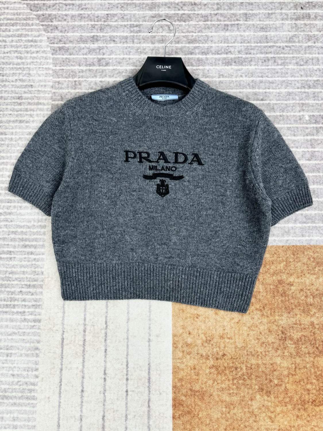 Women's Summer Solid Color Logo Print Round Neck Wool Knit Short Sleeve Sweater T-Shirt #75581