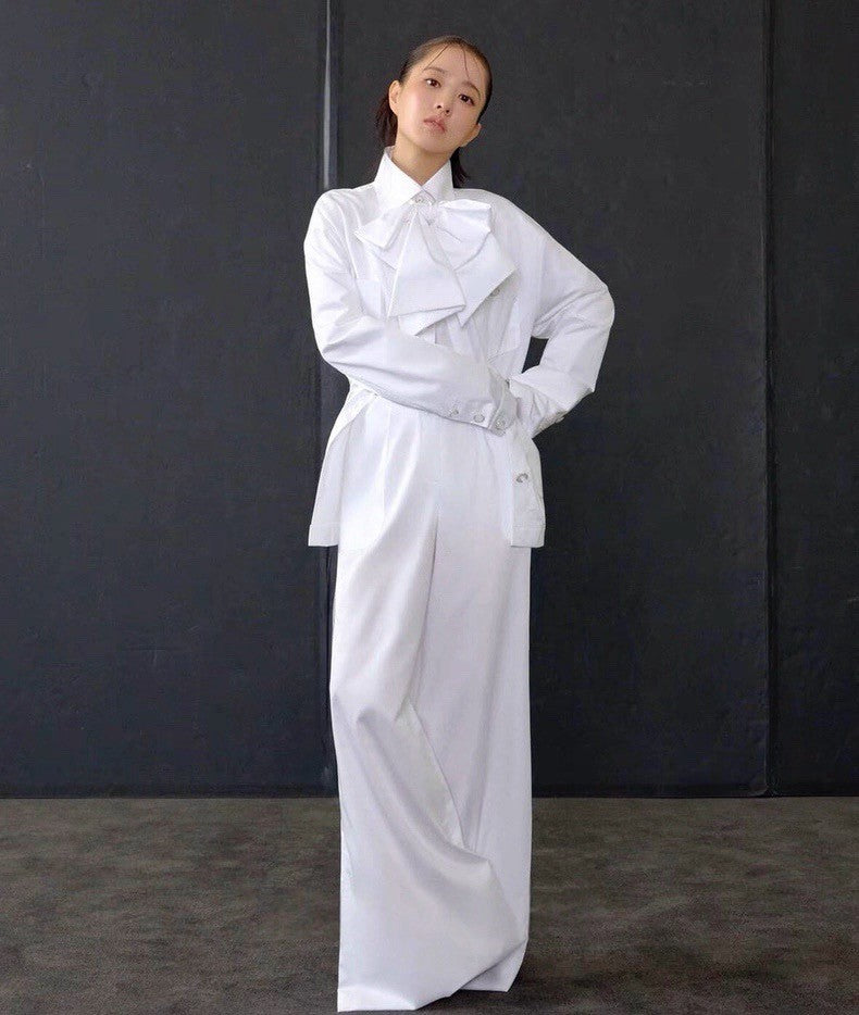 Women's Spring/Summer White Bow Cotton Collar Shirt Understated Luxury. Elegant and Refined Button-Up Long Sleeve Shirt  #194474