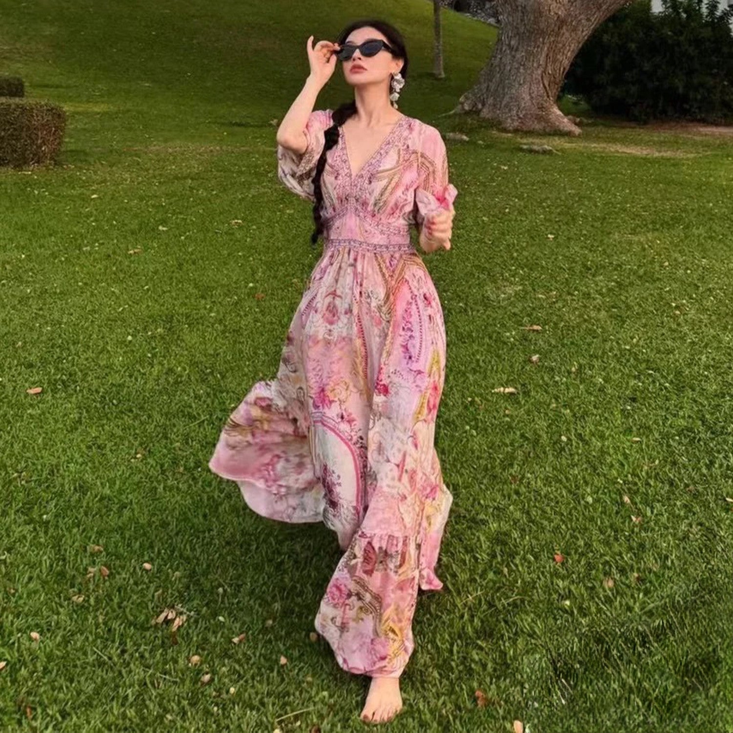 Camilla Women's Summer Fashion Pink Flower Silk Print Bohemian Diamond Slim V-neck Long Sleeve Dresses Ngvp #8783