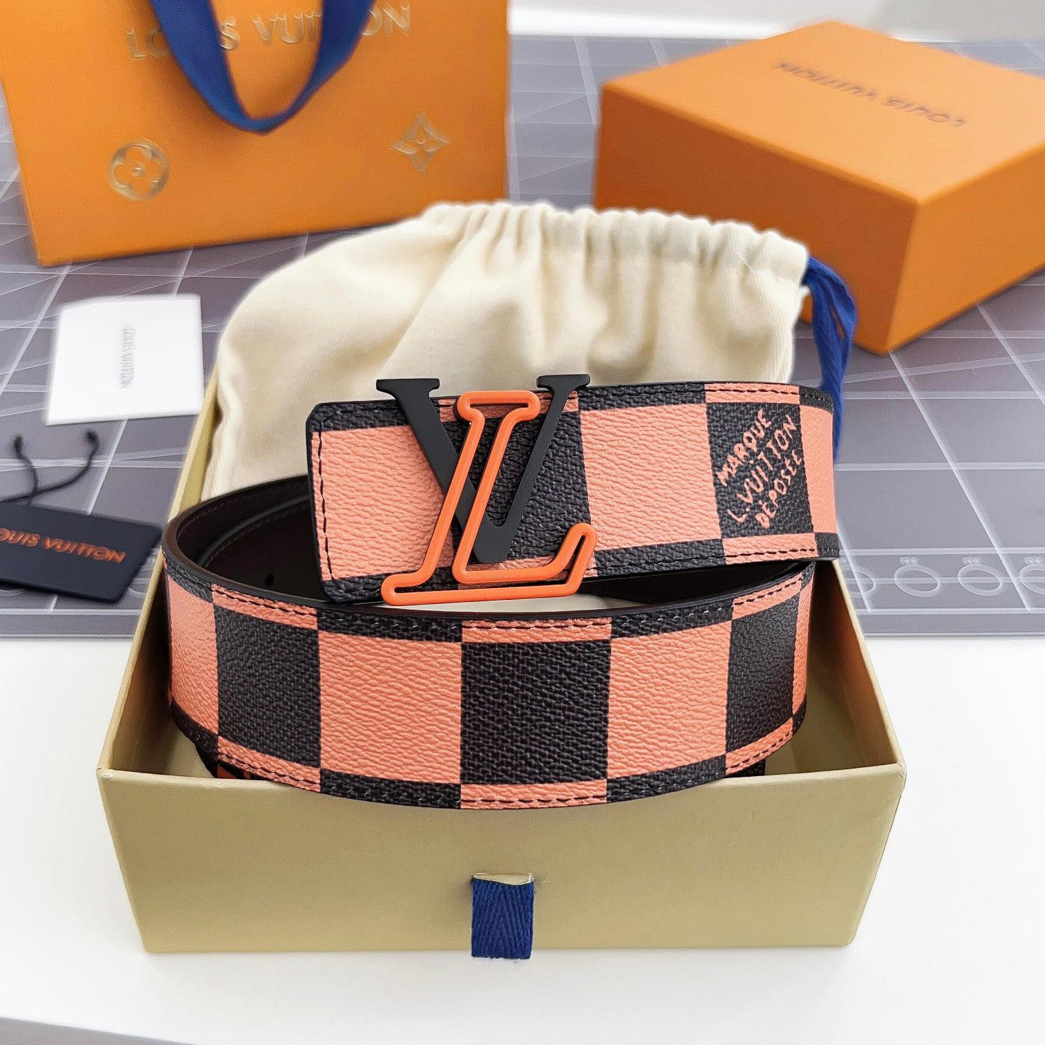 Men's Color Checkered Letter Logo Brown Leather Belt Width 4cm Accessory #72696