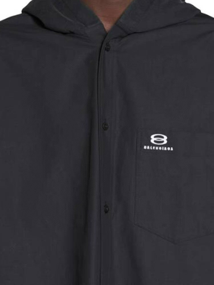 Men's Spring Autumn Black No Drawstring Connected Hooded Single Breasted Long Sleeve Shirt #97866