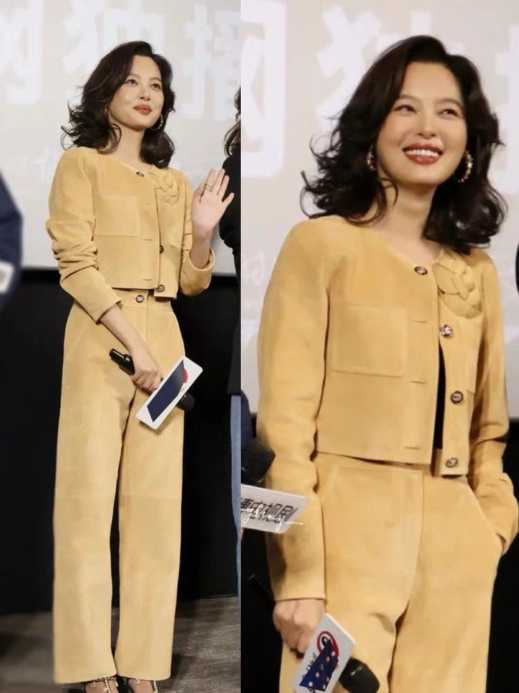 Women's Spring. Autumn And Winter Single-breasted Floral Long Sleeve Short Leather Jacket Casual V-neck Leather Vest Pure Color High Street Style Leather Long Half Skirt Suit Set #71636