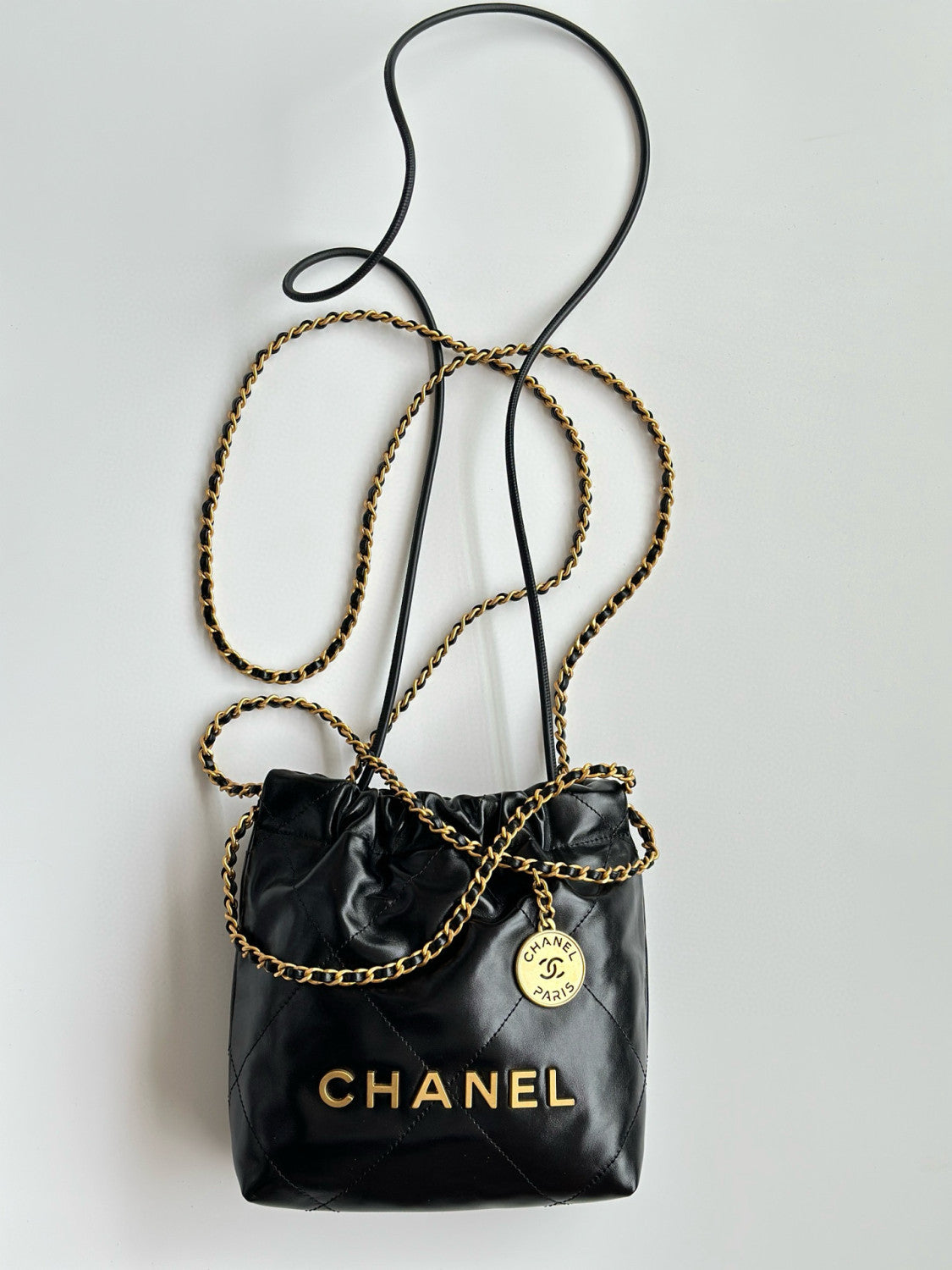 Women's Solid Color Logo Drawstring Closure Chain Shoulder Strap Glossy Calfskin Shoulder Crossbody Bag Bags #77727