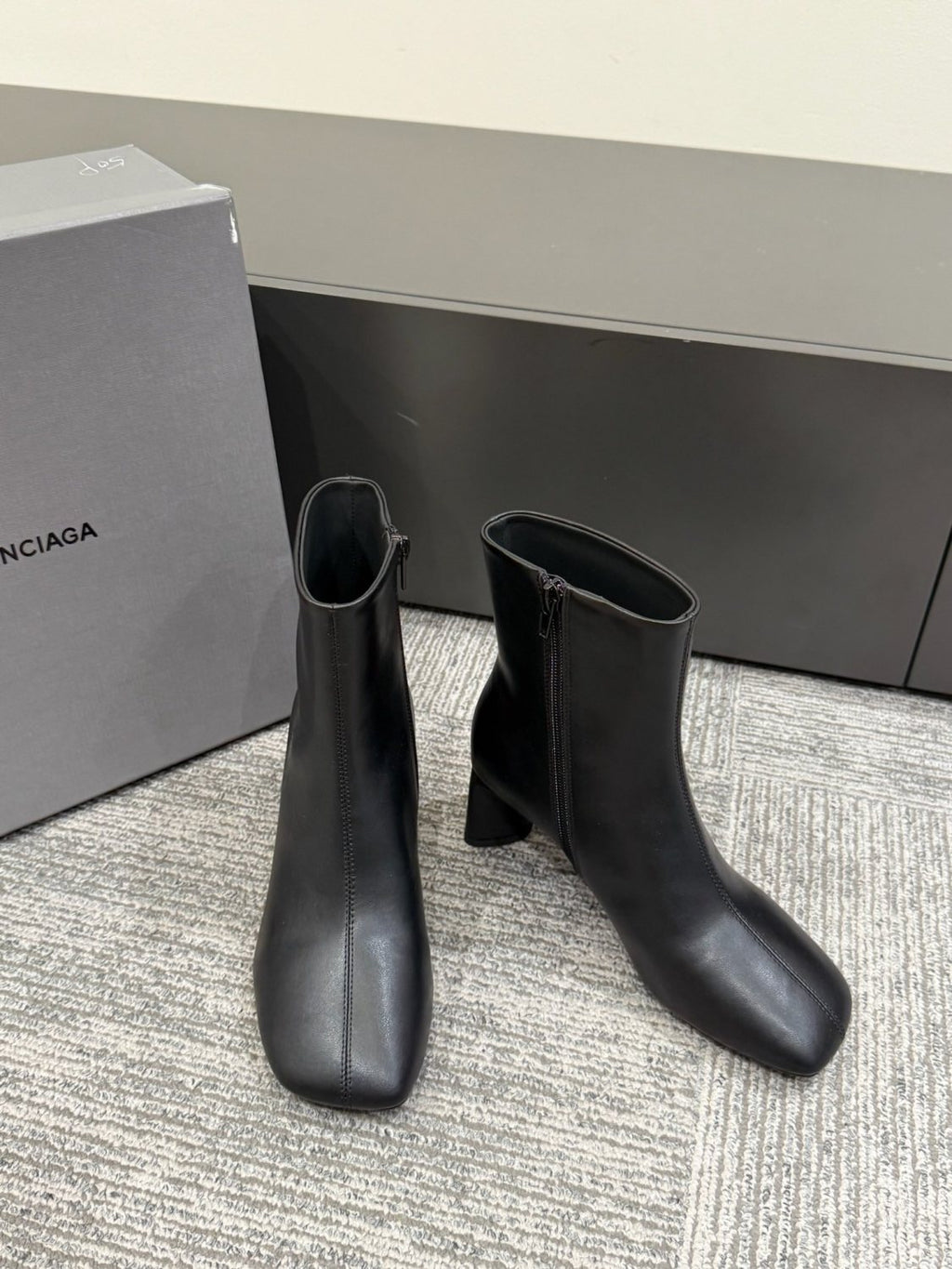 B DUTY FREE Women's Solid Color Letter Print Cowhide Square Toe Chunky Heel Short Boots Shoes #77869