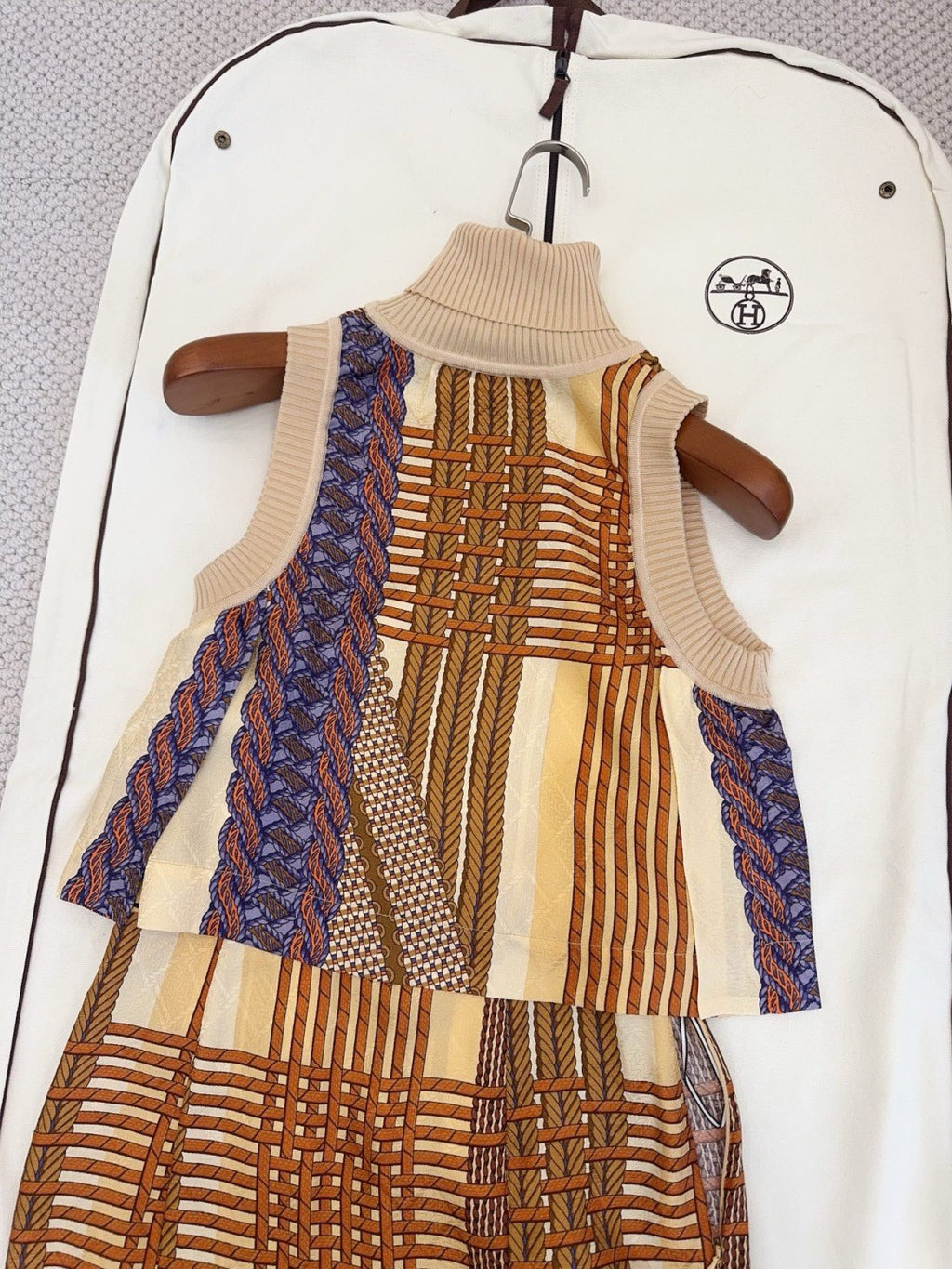 Women's Spring/Summer 2026 Silk printed check pattern Knitted and silk patchwork Shirt dress Suit Set #82539A