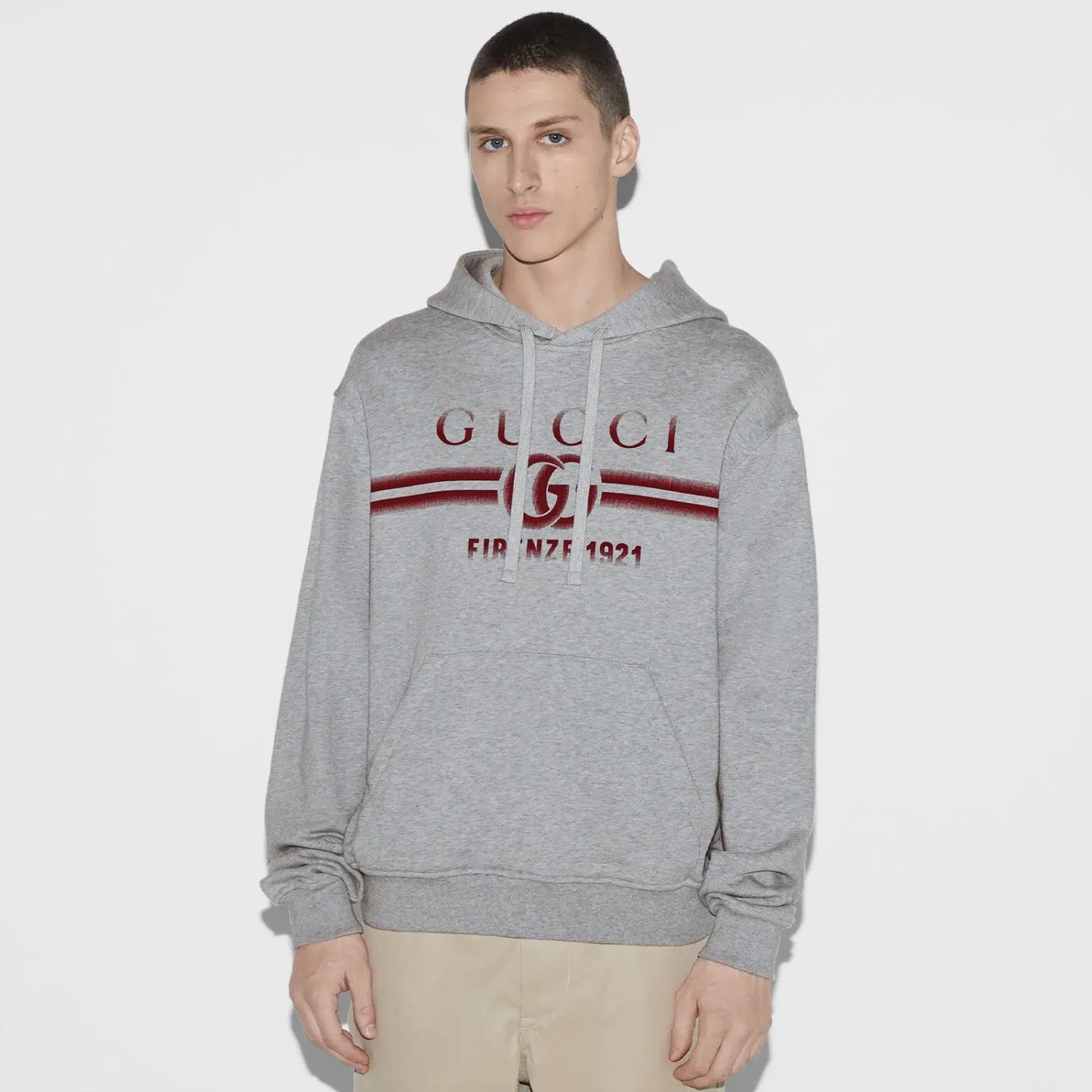 Men's Spring Autumn Logo Letter Printed Gray Drawstring Hooded Sweatshirt Pullover #99858