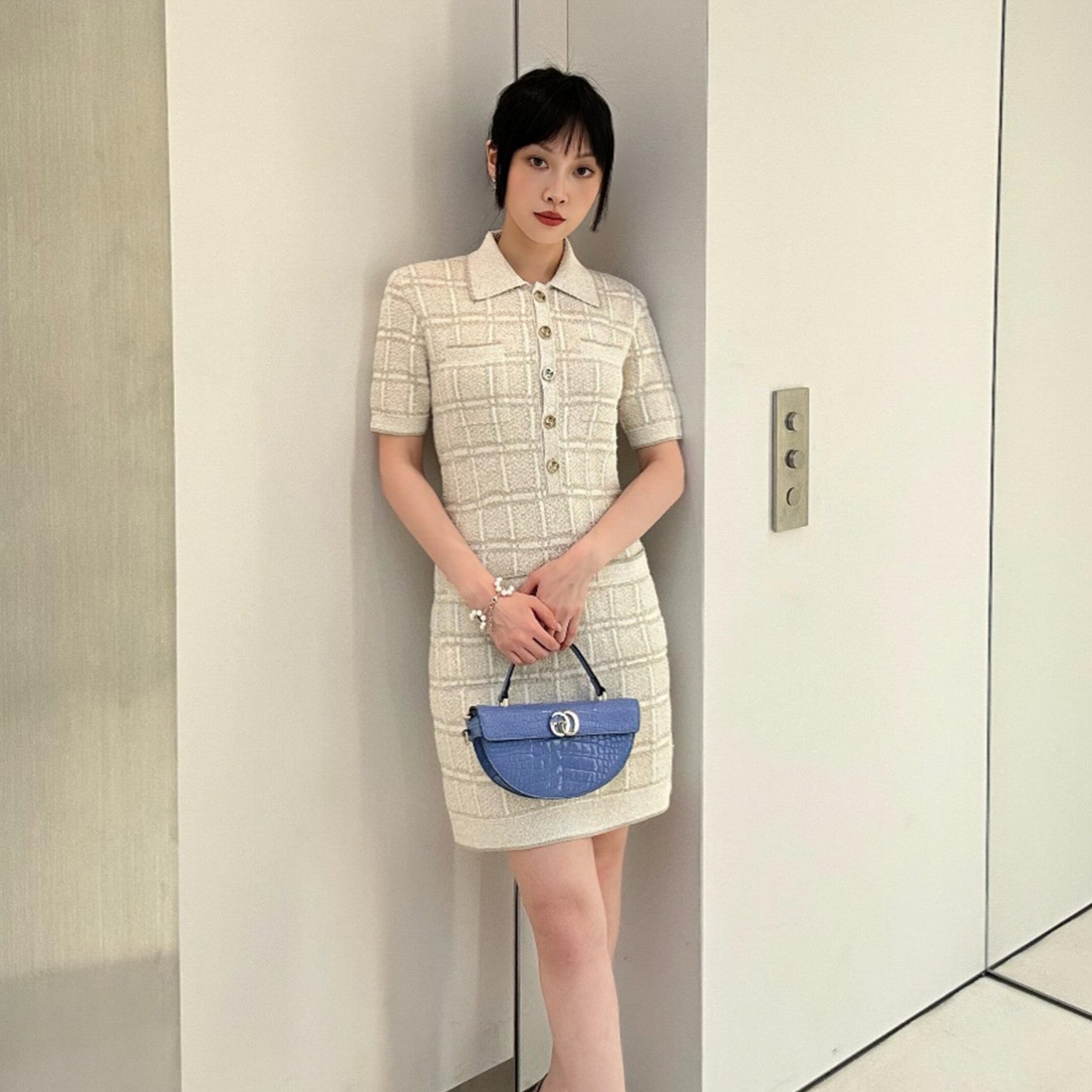 Women's Early Spring Wool Gold And Silver Silk Thread Plaid Jacquard Dress Lapel Knitted Temperament Elegant Dresses Ngvp #9852