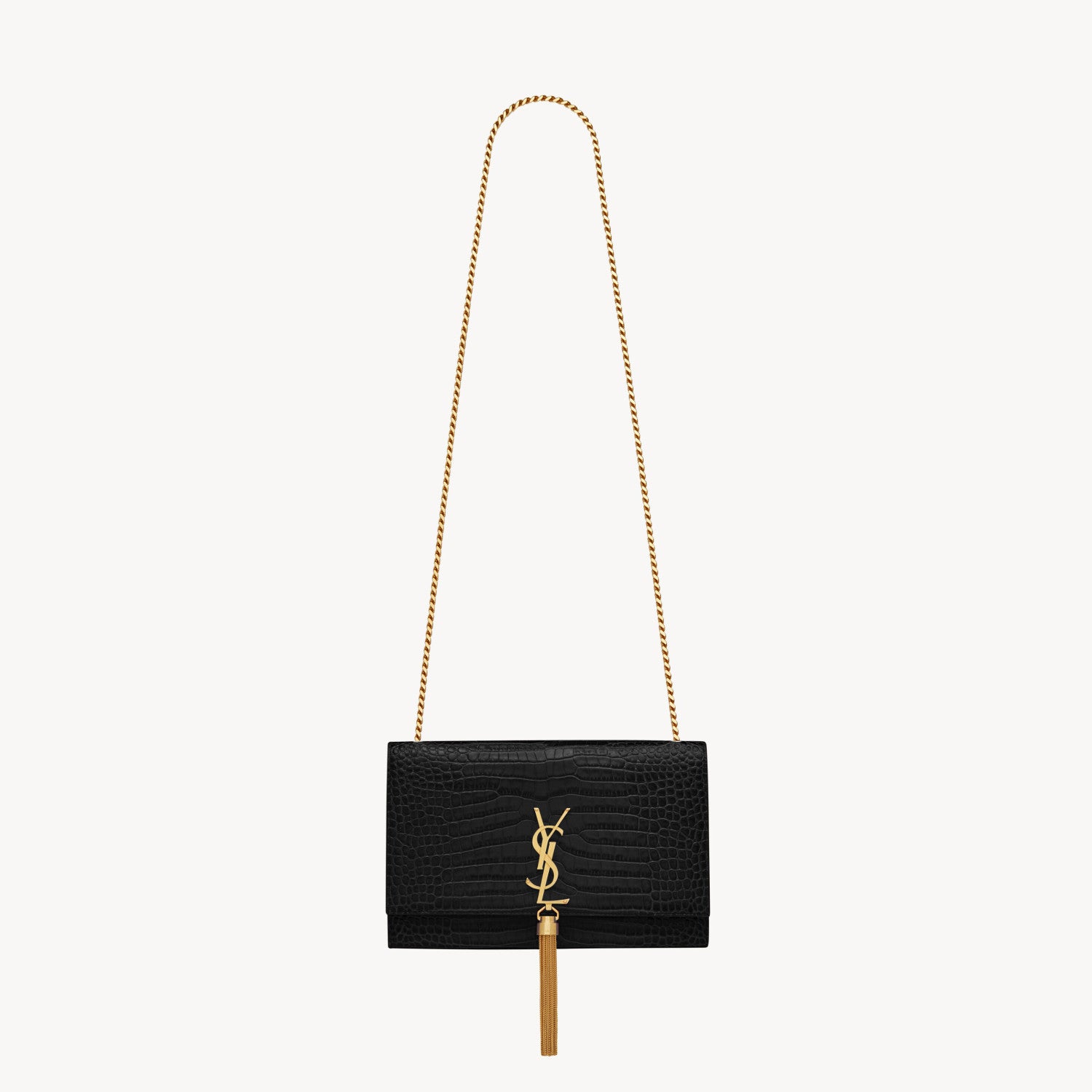 YS Women Black Gold Label Logo Chain Crocodile Embossed Glossy Cowhide Crossbody Shoulder Bag Bags #74268