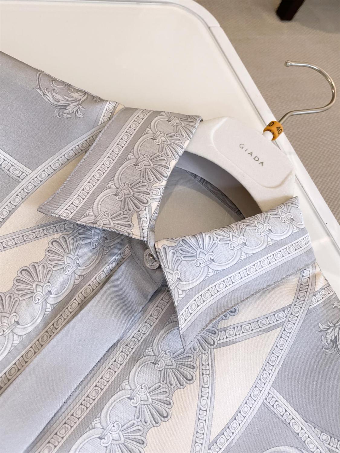 Versace Men's And Women's Summer Vacation Style Fashion Casual Flip Collar Printed Long Sleeved Silk Shirt #75228