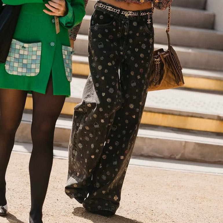 Women's Spring/Fall Fashion Casual Patterned Print Straight-Leg Relaxed Fit Jeans Pants #78615