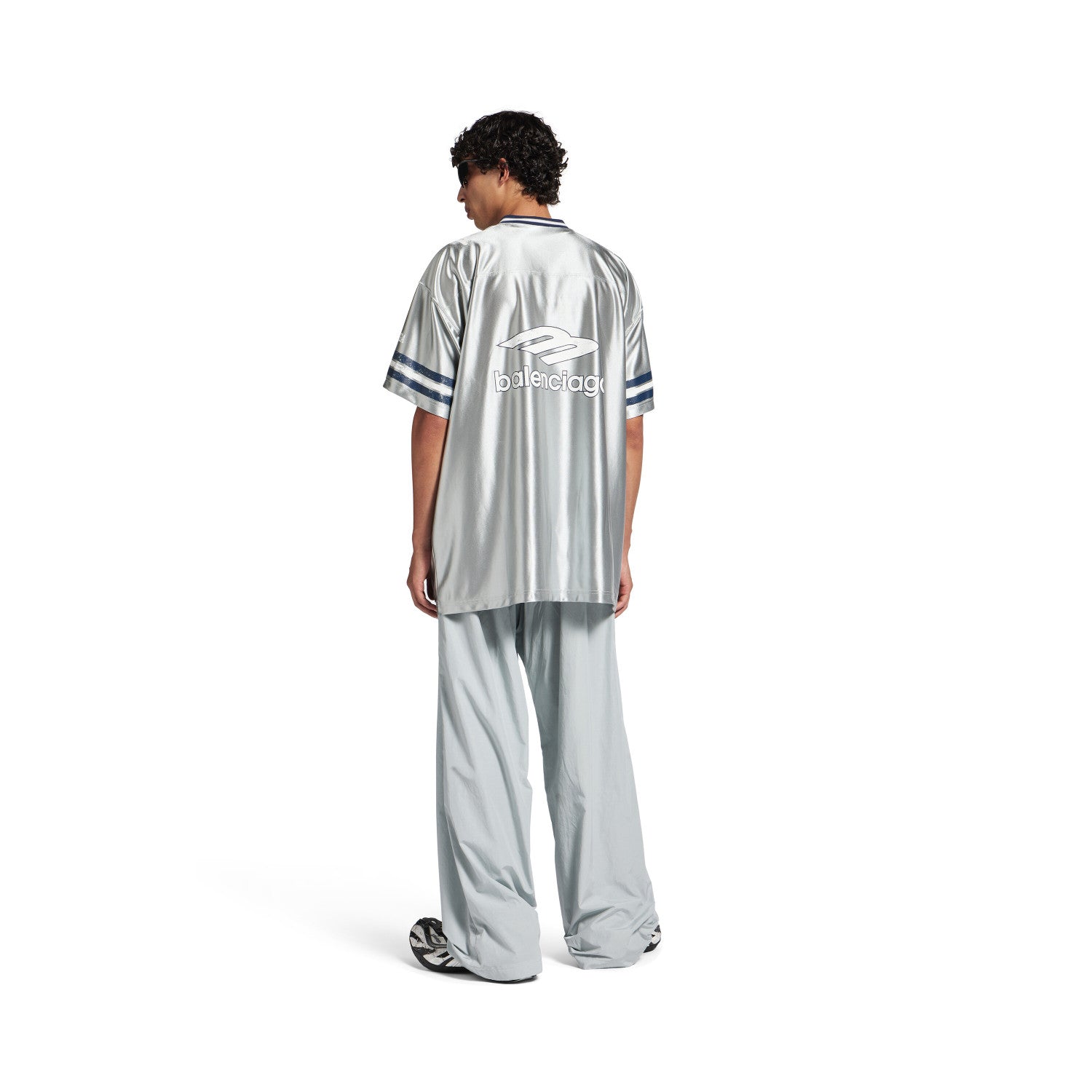 26 Spring 3B FOOTBALL Oversized V-Neck T-Shirt Silver and Bright Blue Fashionable High-Street Trend T-Shirt #82348A