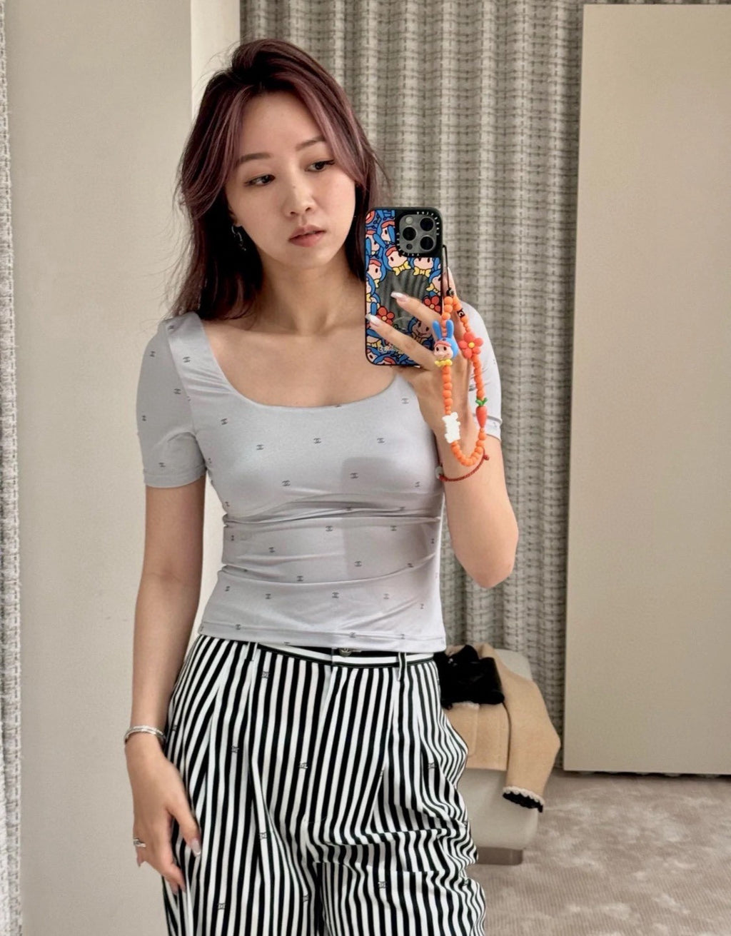 Women's Summer Gray Logo Printed Square Neck Cotton Short Sleeve T-Shirt Top #72533