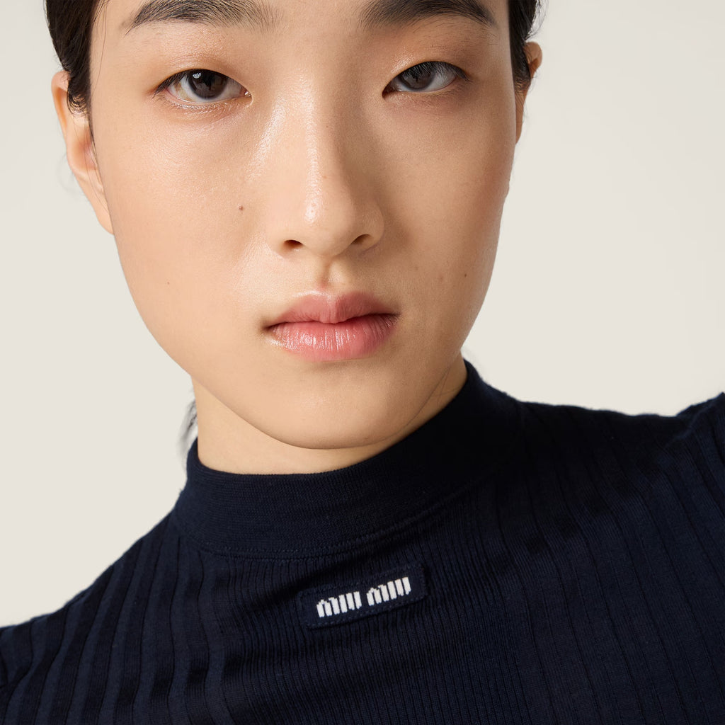 Women's Spring/Summer Ribbed Knit Wool Sweater Black Half-High Neck Short-Sleeve Slim-Fit Knit T-Shirt #194407