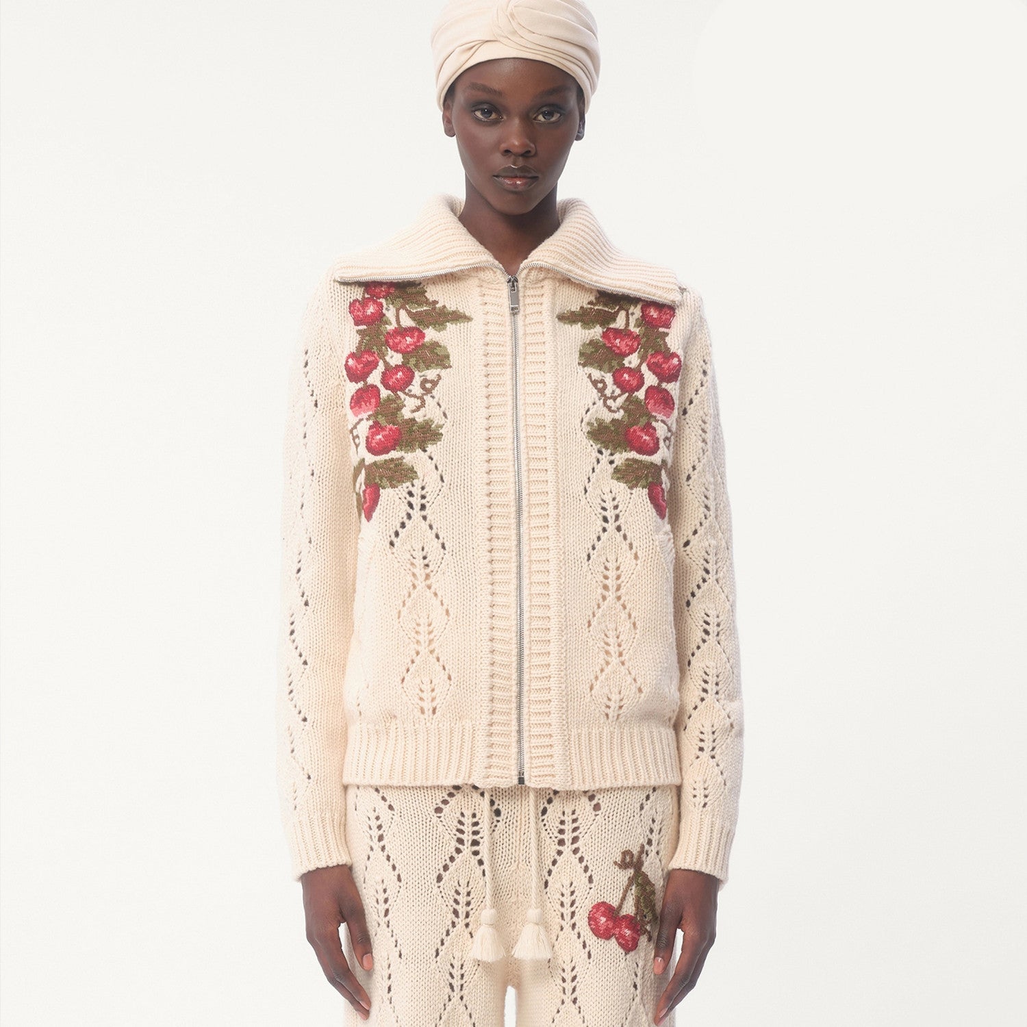 Women's Spring Cherry Embroidery Wool Knitted Jacket Skeleton Zip Knit Fashion Elegant Cute Lapel Sweater Cardigan Ngvp #9914