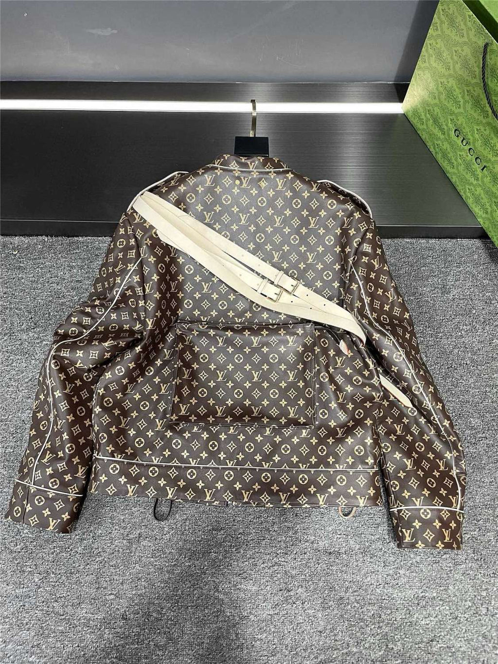 2025 FallWinter Men's Classic Monogram Tactical Leather Jacket with Three Detachable Straps #83127A