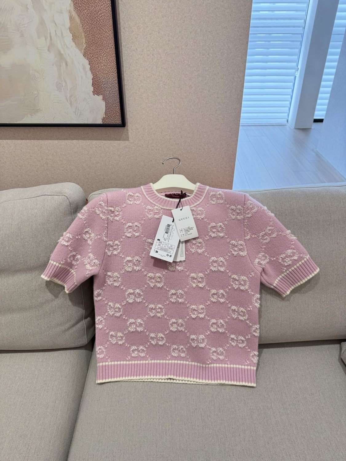 Spring Women's Pink Logo Applique Round Neck Short Sleeve Knit T-Shirt #75325