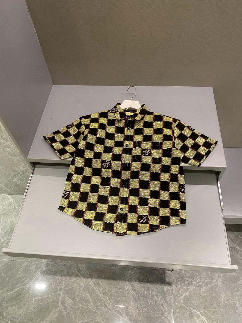 Men's Summer Yellow Logo Printed Lapel Single Breasted Short Sleeve Wool Shirt #98437