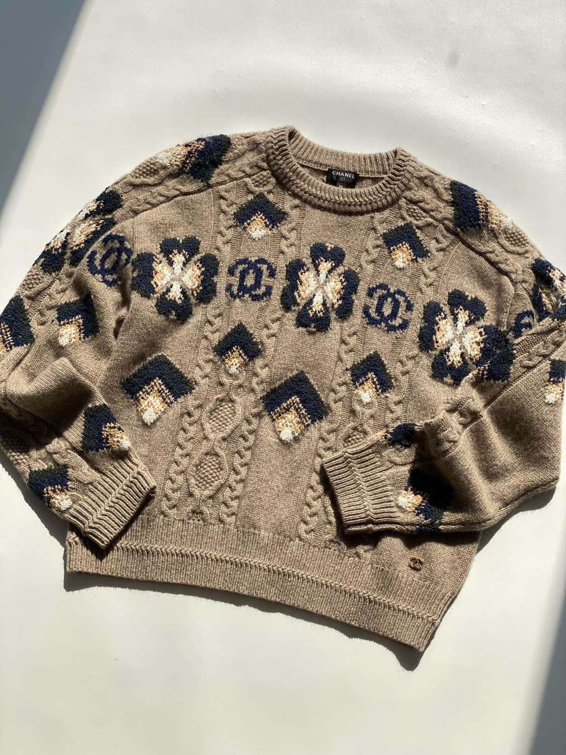 Women's Fall And Winter Clover Jacquard Round Neck Knit Long Sleeve Pullover Sweater #74427