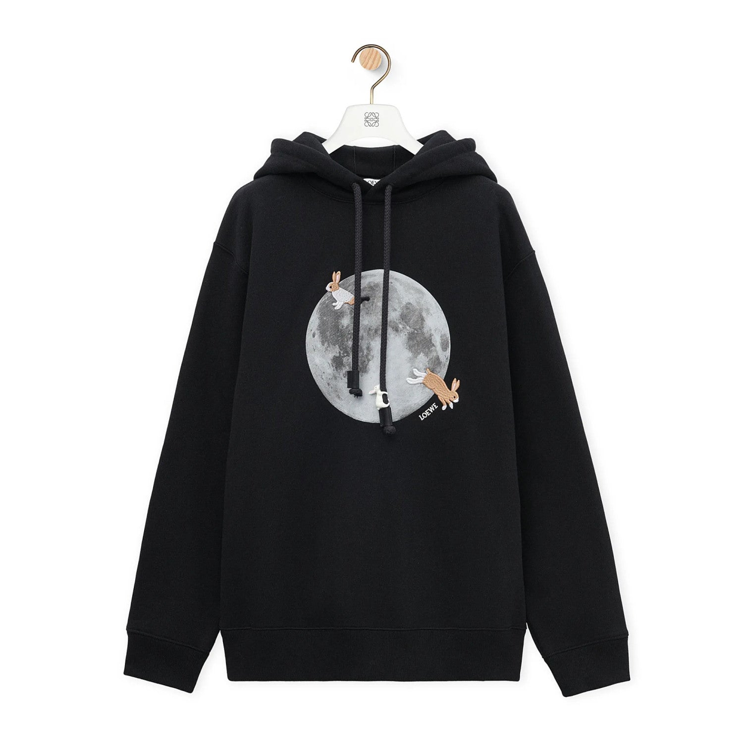 Women's Spring and Autumn Moon Print Black Hooded Drawstring Long Sleeve Sweatshirt #74569