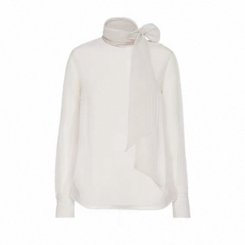 BC Women's Spring/summer Collection Loose-fit Casual Shirt With Bow Tie Structured Silk Blouse Flowing Ties And Beaded Embellishments #194480