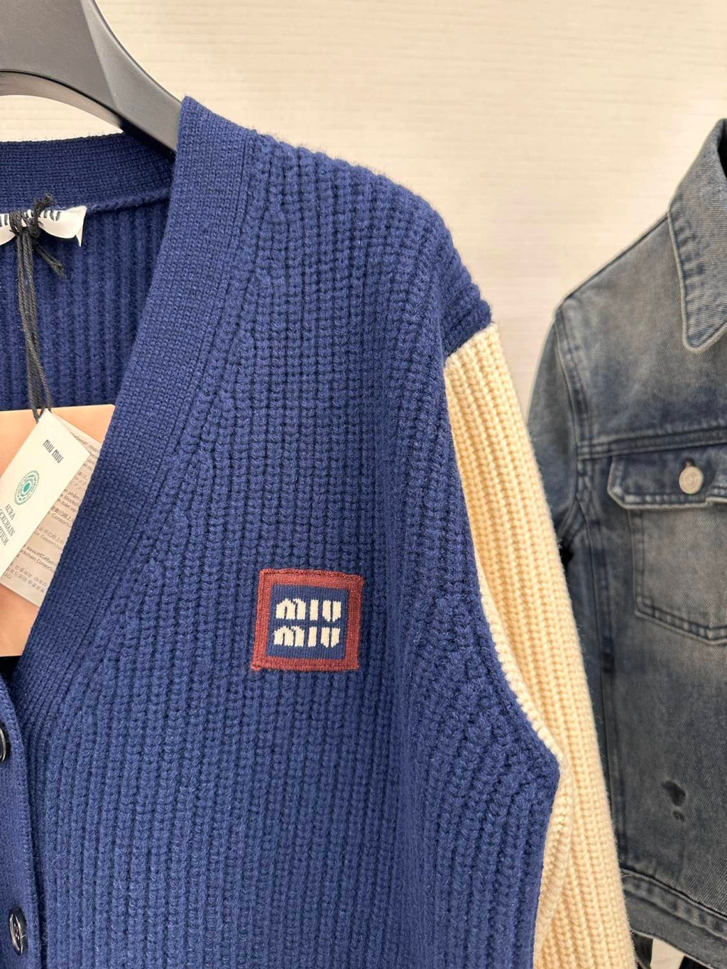 Women's Spring And Fall V-neck Blue And White Blended Knit Single Breasted Cashmere Sweater Jacket #74428