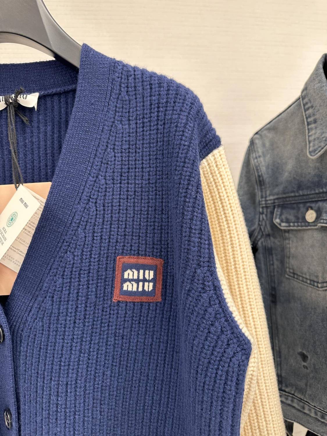 Women's Spring And Fall V-neck Blue And White Blended Knit Single Breasted Cashmere Sweater Jacket #74428