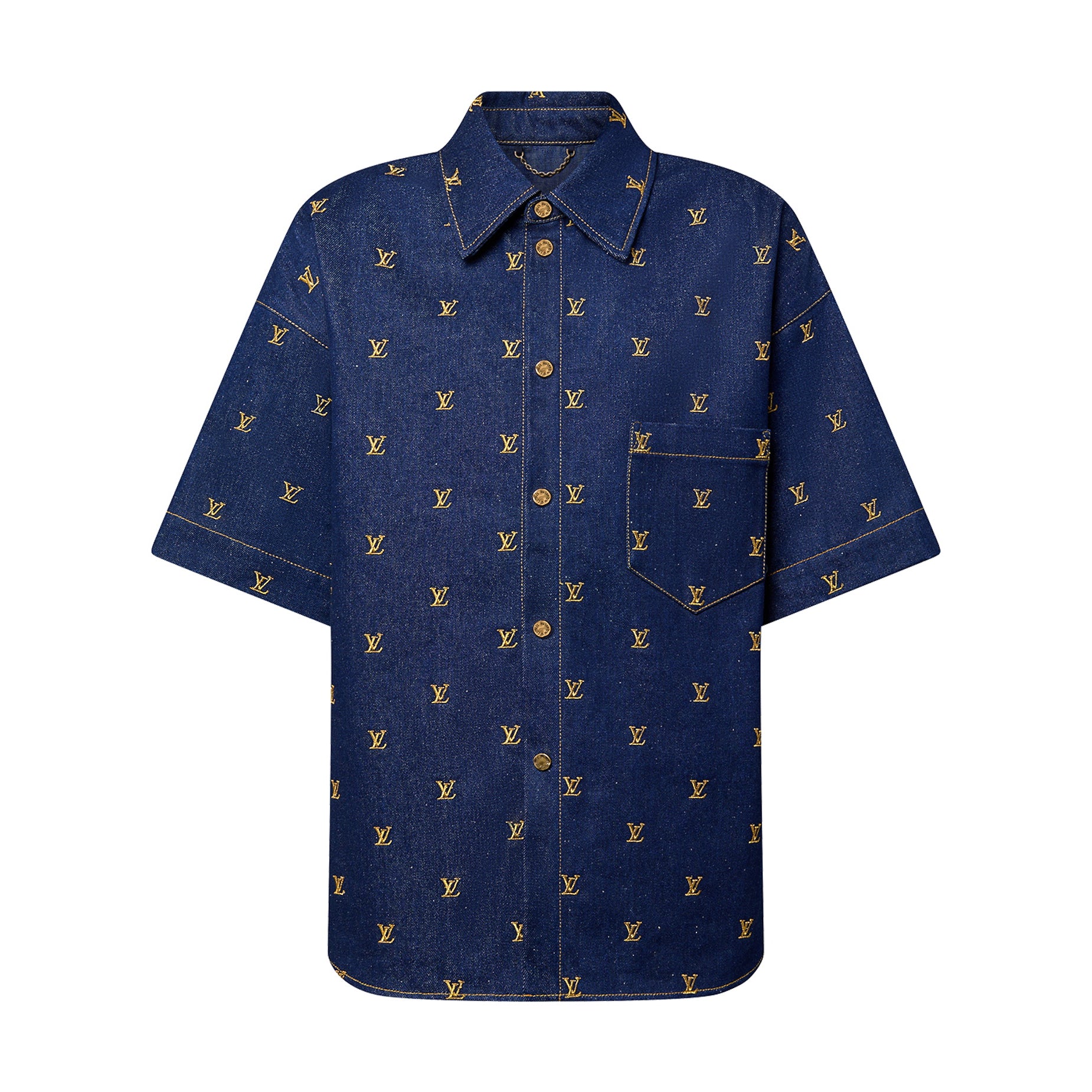 Men's Summer Logo Embroidery Blue Single Breasted Lapel Denim Short Sleeve Shirt Shorts Set Suit #98741