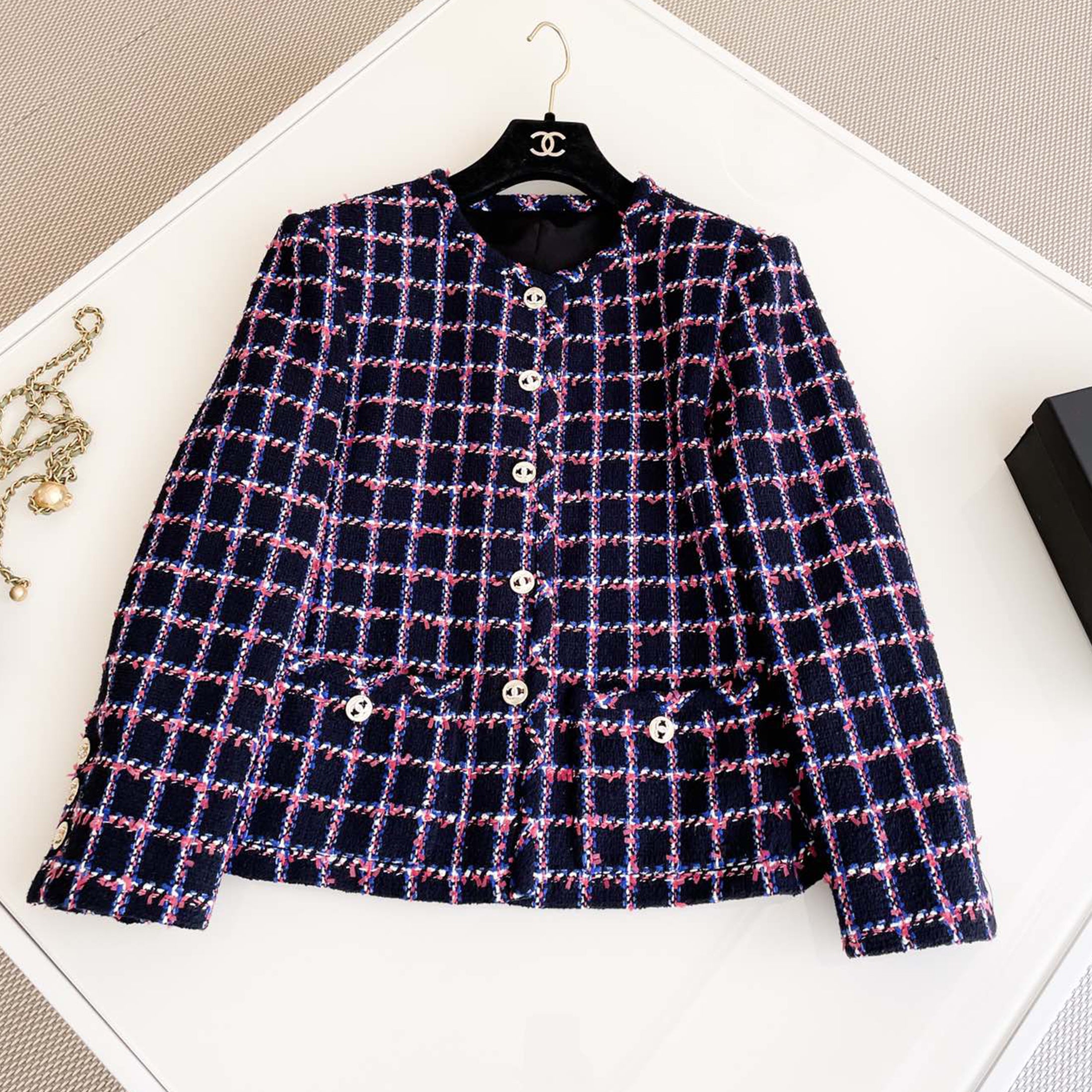 Women's Spring and Autumn Tweed Plaid Colorblocking Silhouette Jacket Button Waist Vest Set Suit Ngvp #8891