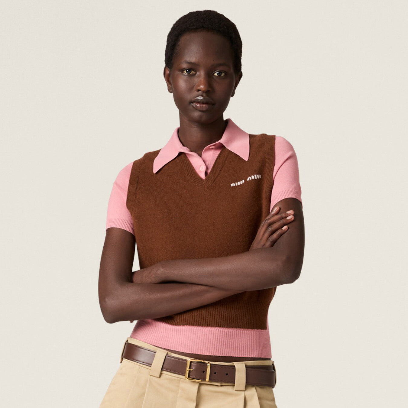 Women's Colorblocked Knit Loose Short Sleeve Polo Neck Knit Sweater #76256