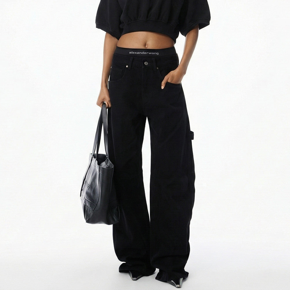 Women's Faux two-piece design Double-layered waistband Curved cut details Workwear-style denim pants #82533A