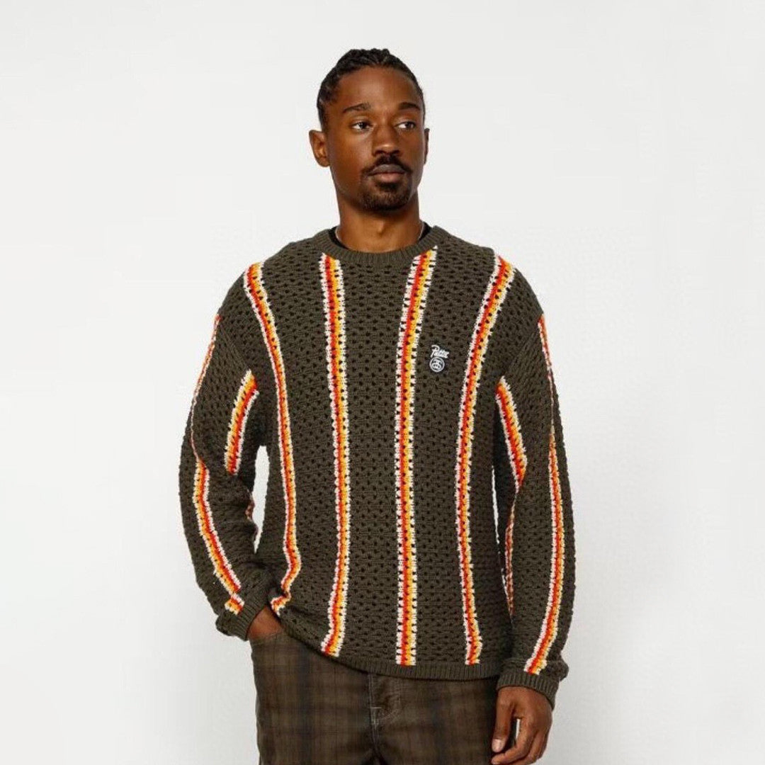 SS x Patta Men's Women's Spring. Autumn And Winter Logo Embroidery Stripes Colorblocking Hollow Knit Long Sleeve Round Neck Loose Sweater Ngvp #9219