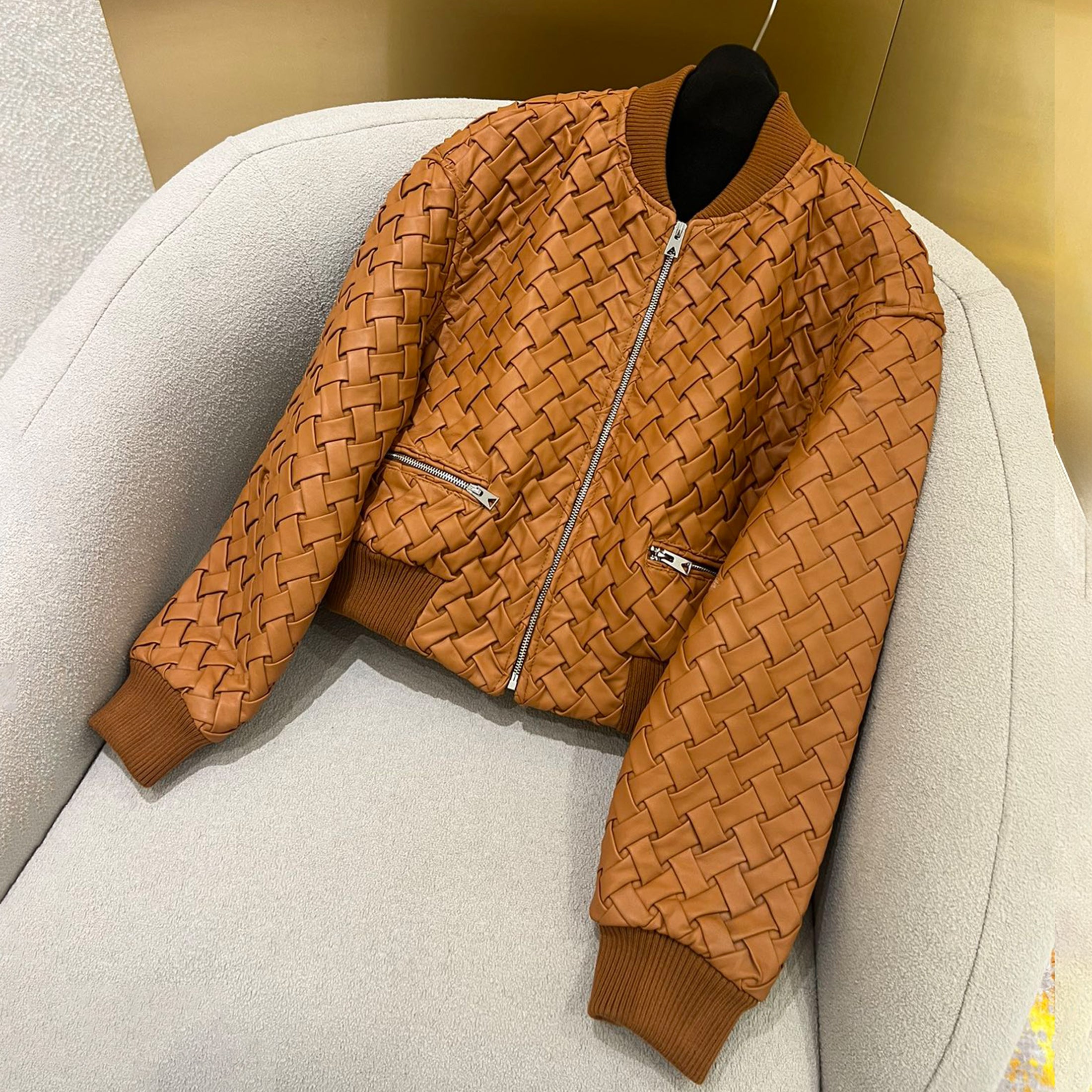 Women's Autumn And Winter Deluxe Solid Color Lapel Flight Suit Leather Button Woven Sheepskin Coat Jacket Ngvp #9136