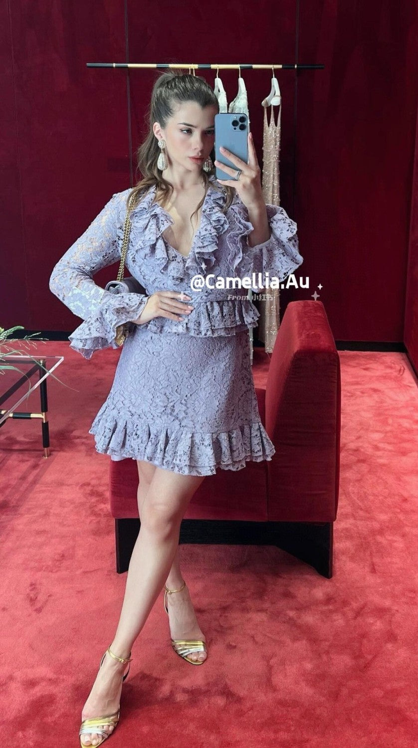 Women's Spring And Autumn Heavy Lace V-Neck Solid Color Fit Short Long Sleeve Dresses Ngvp #9732