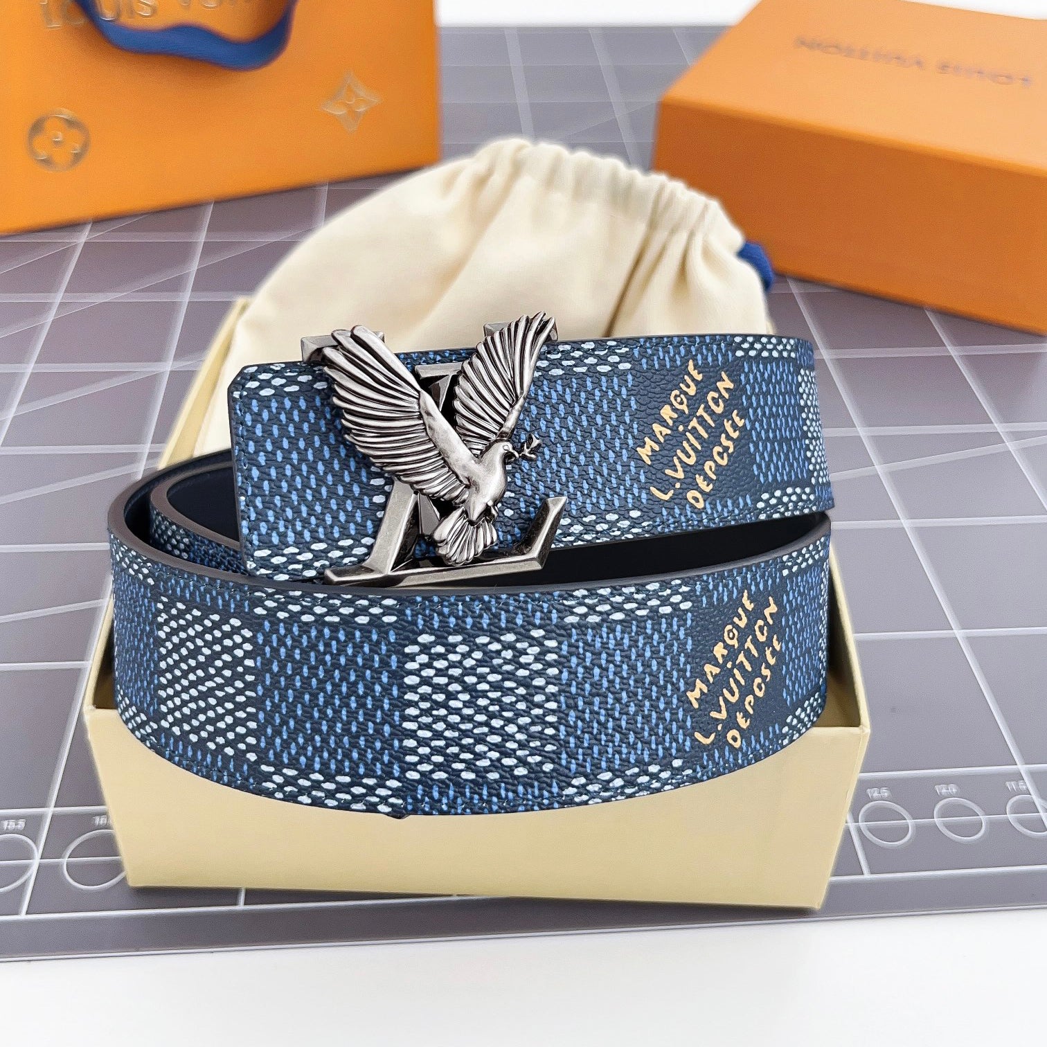 Men's Metal Eagle Buckle Color Checkered Letter Logo Leather Belt Accessory #72695