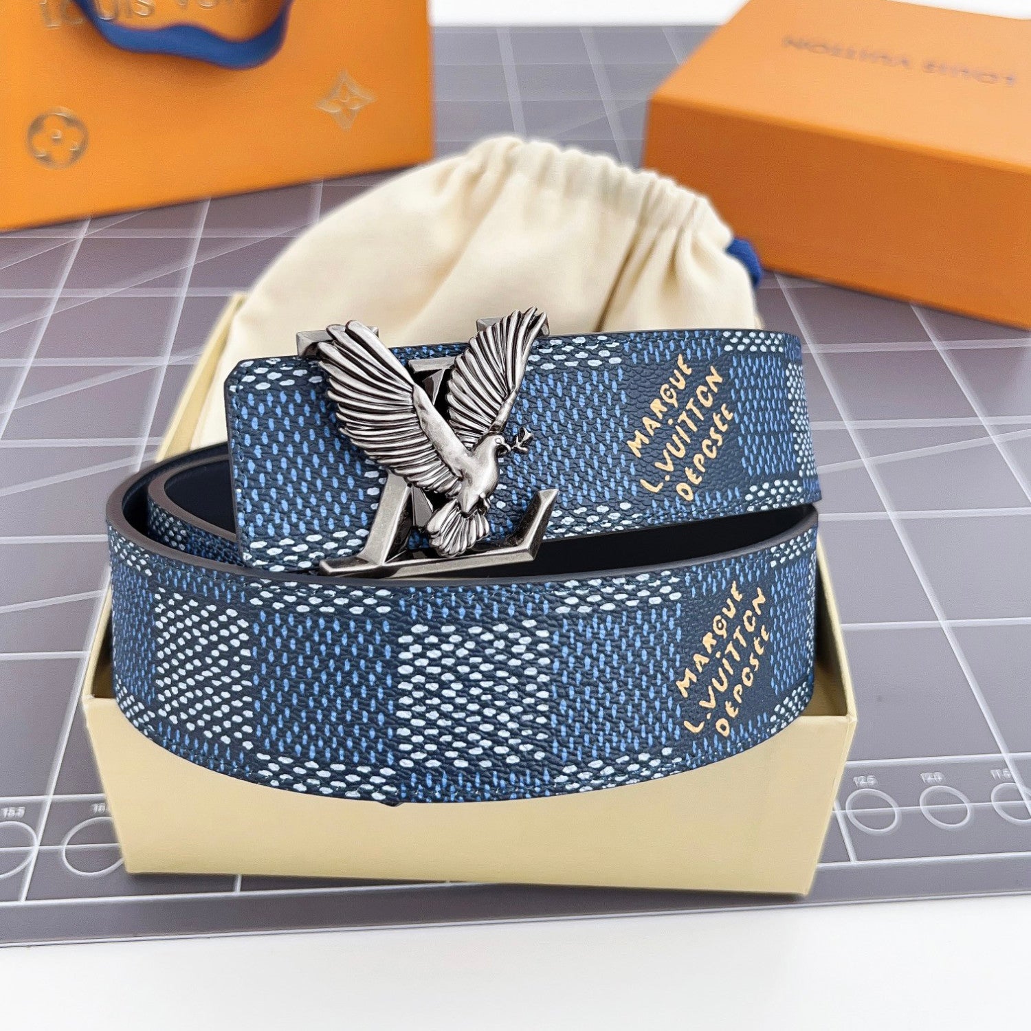 Men's Metal Eagle Buckle Color Checkered Letter Logo Leather Belt Accessory #72695