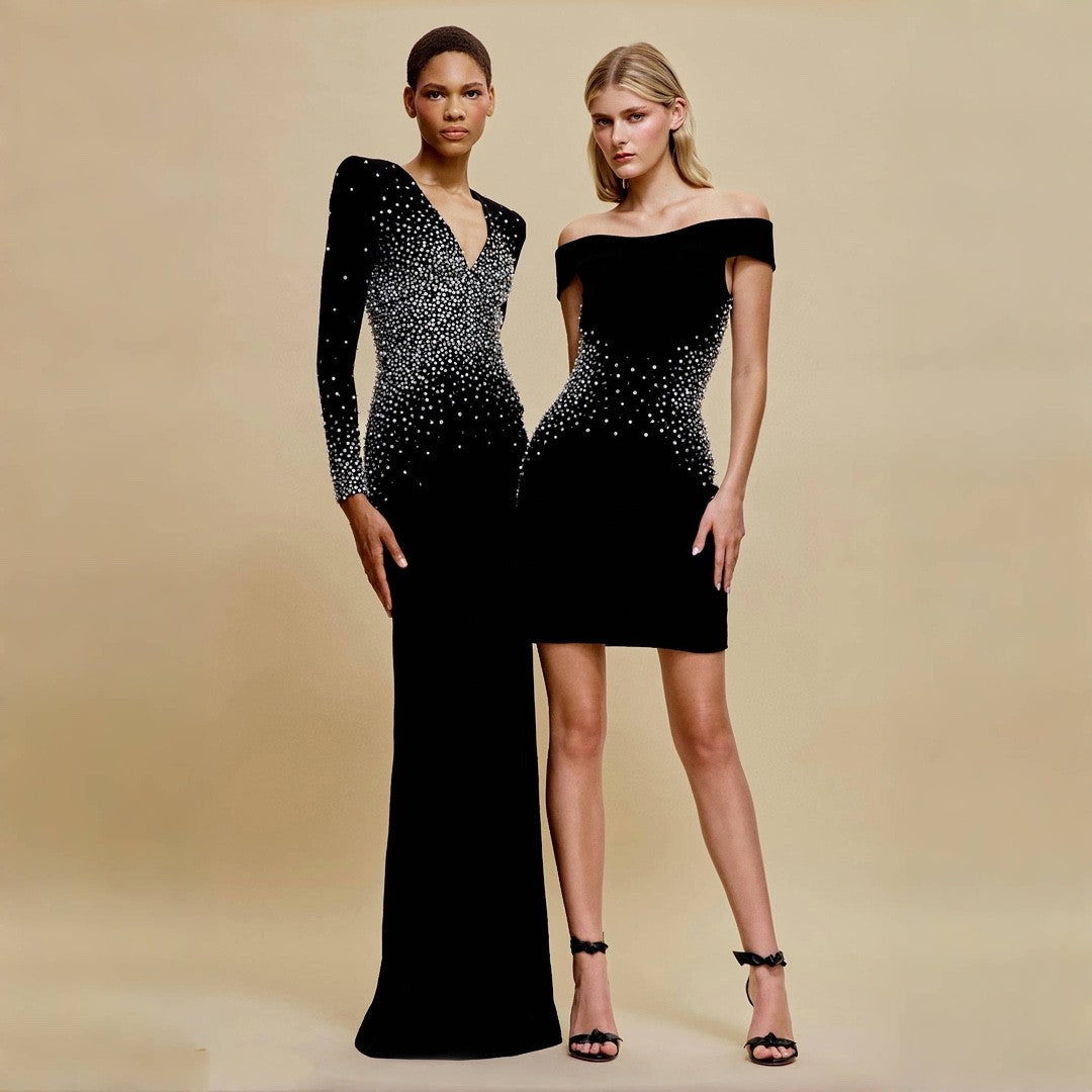 Women's Spring And Autumn Sexy V-neck Fashion Hot Drilling Velvet Long Sleeve Solid Color Dresses Ngvp #1138