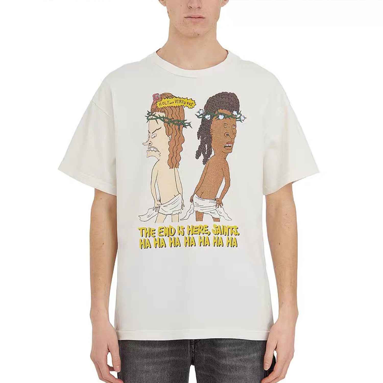 Saint Michael Men's Summer Solid Color Character Printed Round Neck Loose Aged Cotton Short Sleeve T-Shirt Ngvp #7919