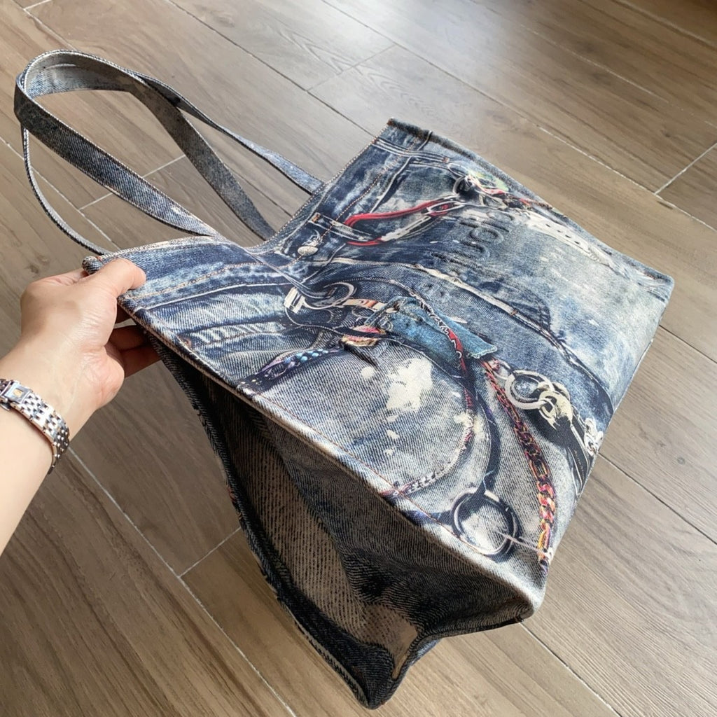 Acne Studios Women's Fashion Retro Color-Block Logo Denim Patchwork Print Tote Bag Shoulder Bag Bags #78793