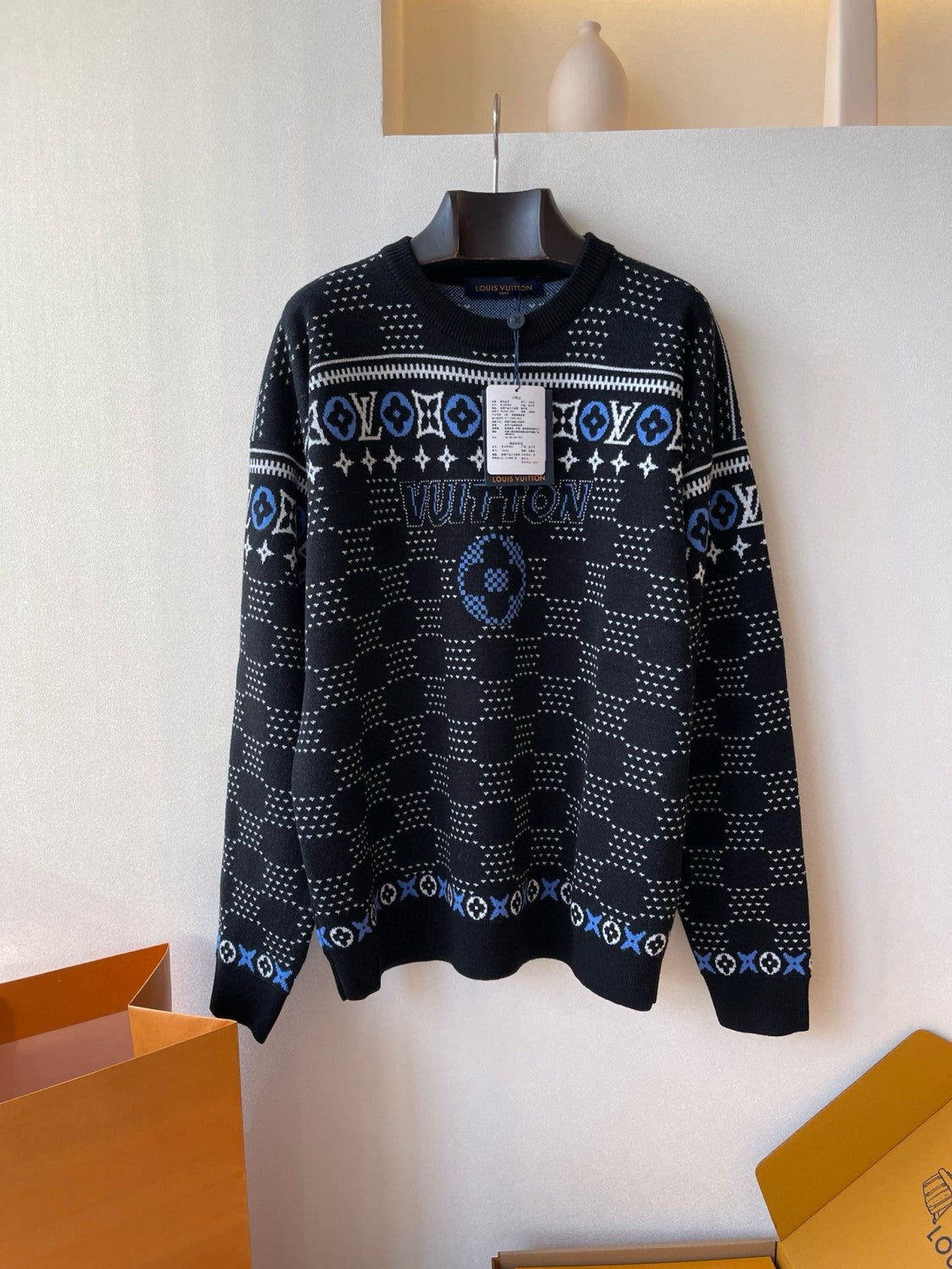 Men's Spring and Autumn Black Logo Printed Round Neck Pullover Long Sleeve Sweater #73928